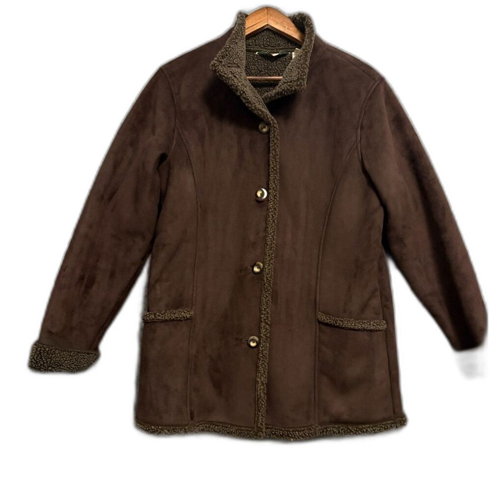 L.L. Bean Brown Faux Suede Sherpa Lined Jacket Coat Women's M Shearling Warm